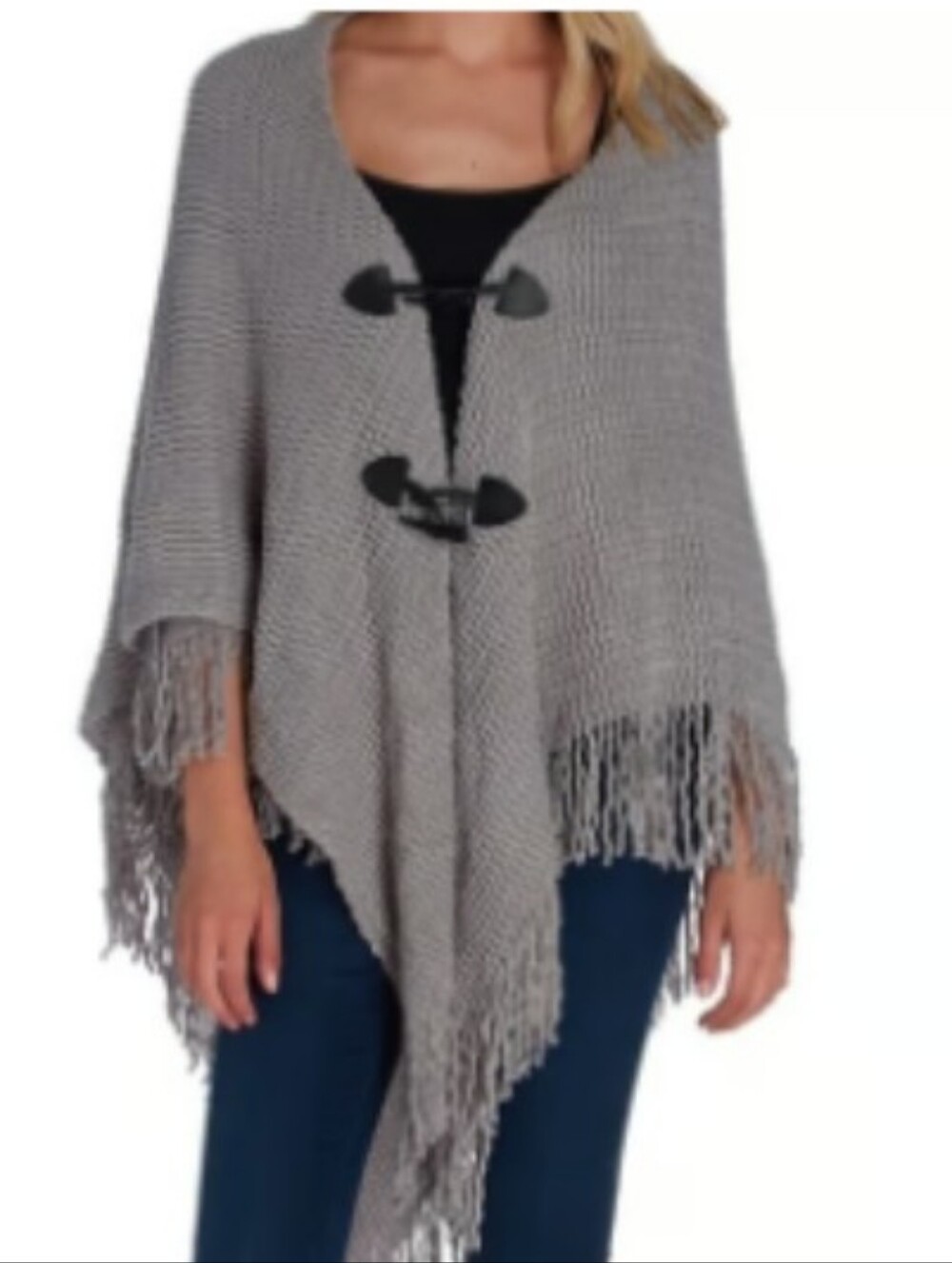 David And Young Toggle Button Front Knit Poncho Gray Fringe Trim Women's Medium